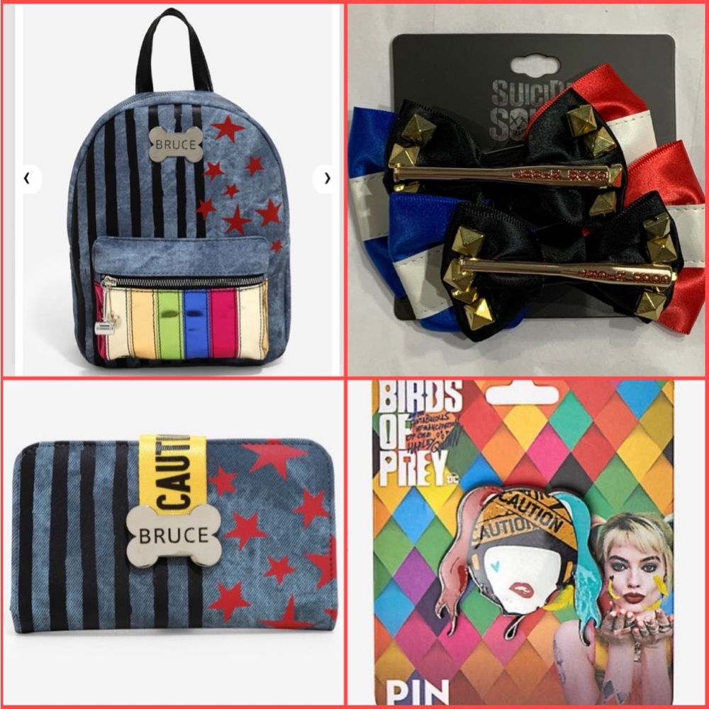 DC COMICS Harley Quinn MINI BACKPACK, WALLET, HAIR BOWS & PIN BUNDLE! Puddin’